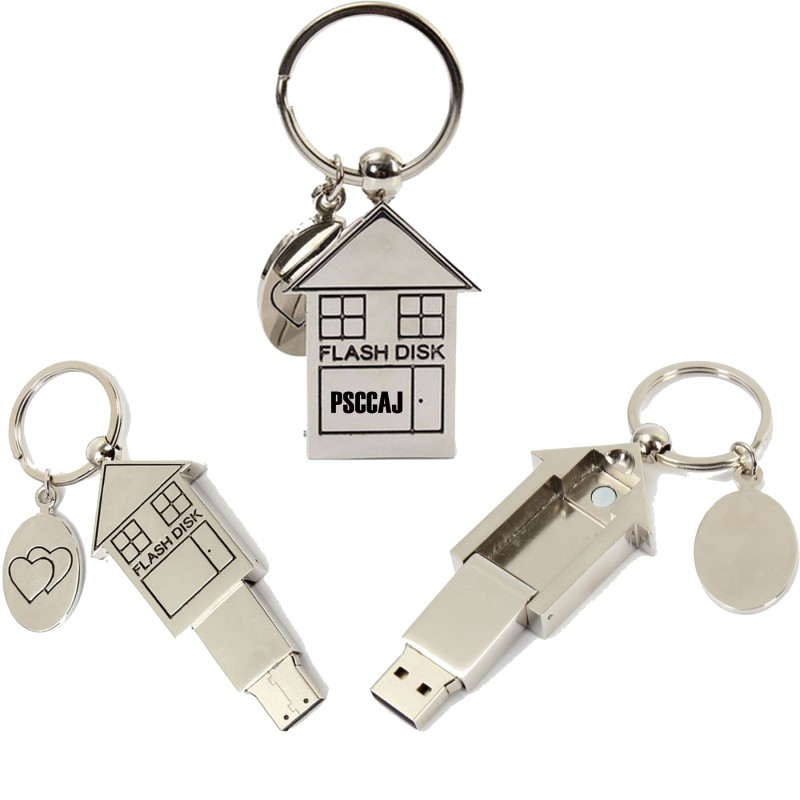 8GB Stainless Steel House Shaped USB Flash Drive with Key Ring
