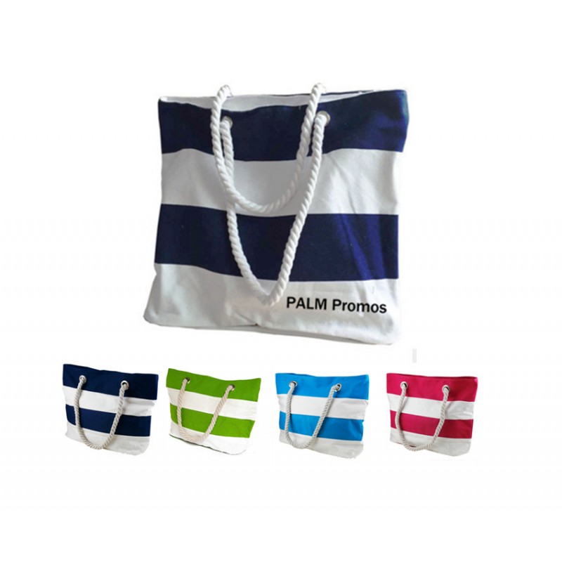 Canvas Stripe Rope-Handle Beach Bag 