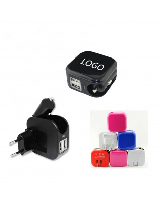 Dual Port USB Car Charger/Adapter and Wall Charger 2 in 1 Input:12-24V & 100-250VAC