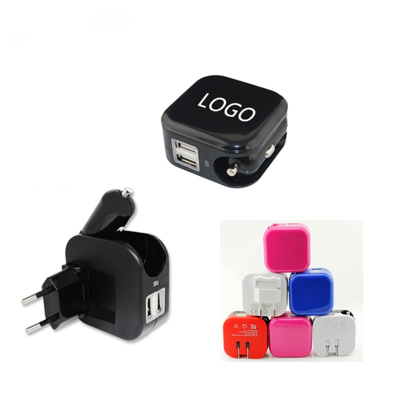 Dual Port USB Car Charger/Adapter and Wall Charger 2 in 1 Input:12-24V & 100-250VAC