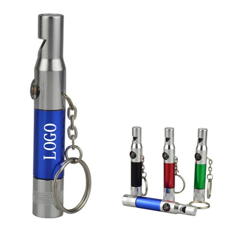 Portable LED Torch Light Compass Whistle Keychain Keyring