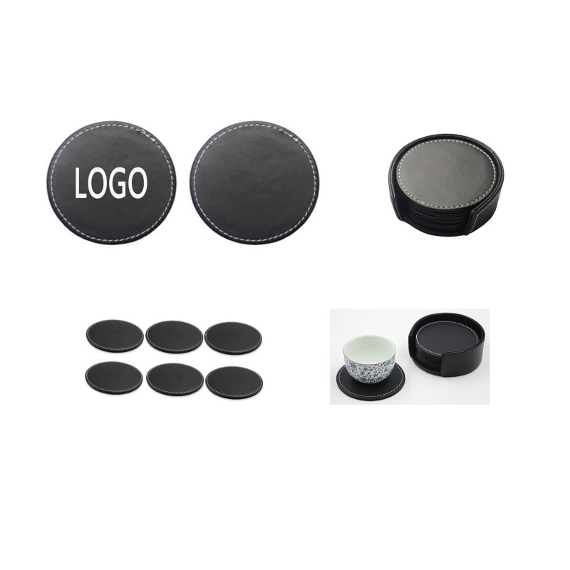 Set Of 6 Leather Drink Coasters Round Cup Mat